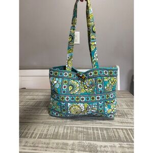 Vera Bradley Quilted Tote Bag Blue Green Paisley Print Shoulder Bag